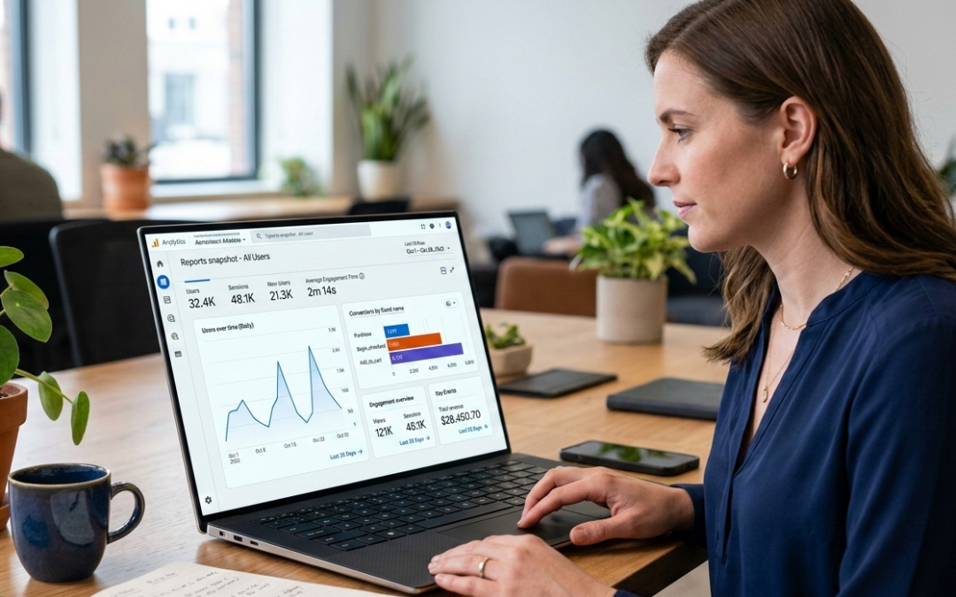 Google Analytics 4 dashboard showing website performance metrics