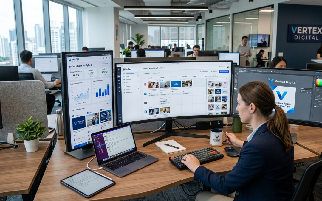 Professional social media management setup showing digital marketing strategy and business branding across online platforms