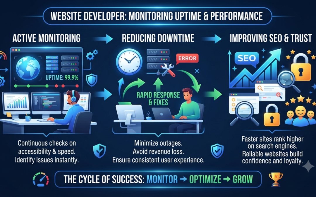 Website developer monitoring website uptime and performance to reduce downtime and improve SEO and customer trust.
