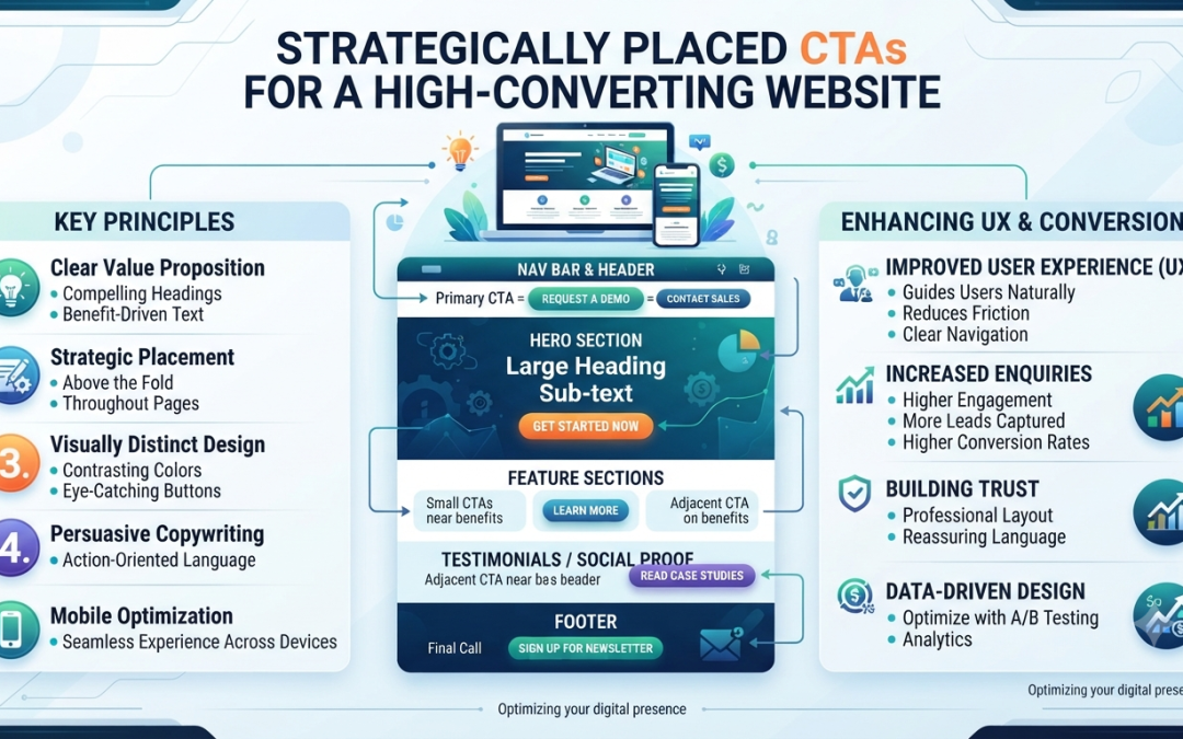 Modern business website featuring strategically placed call-to-action buttons designed to increase enquiries and improve user experience.